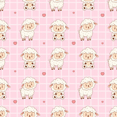 Seamless pattern with Cute Sheep on gently pink checkered background. Happy Cartoon Funny kawaii Farm Animal character. Vector illustration. Kids collection