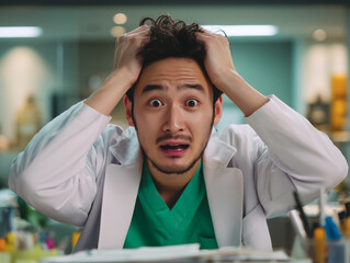 An Asian male doctor wearing a white lab coat over green scrubs. Both hands are gripping his hair, conveying a strong feeling of stress, frustration, or being overwhelmed. 