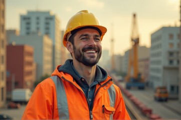 A worker in a bright orange vest and hard hat, perfect for construction or work-related images