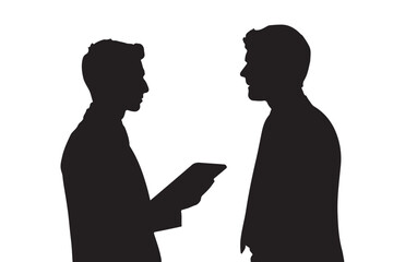 Two business professionals engaging in a discussion with tablet silhouette on white background