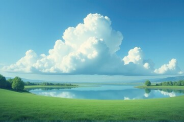 Obraz premium A serene landscape with a lake and surrounding environment, suitable for use as a background or illustration