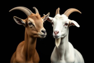 Two goats stand side by side in a natural setting