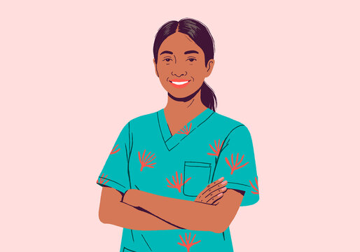 Illustration of a smiling nurse in scrubs with arms crossed