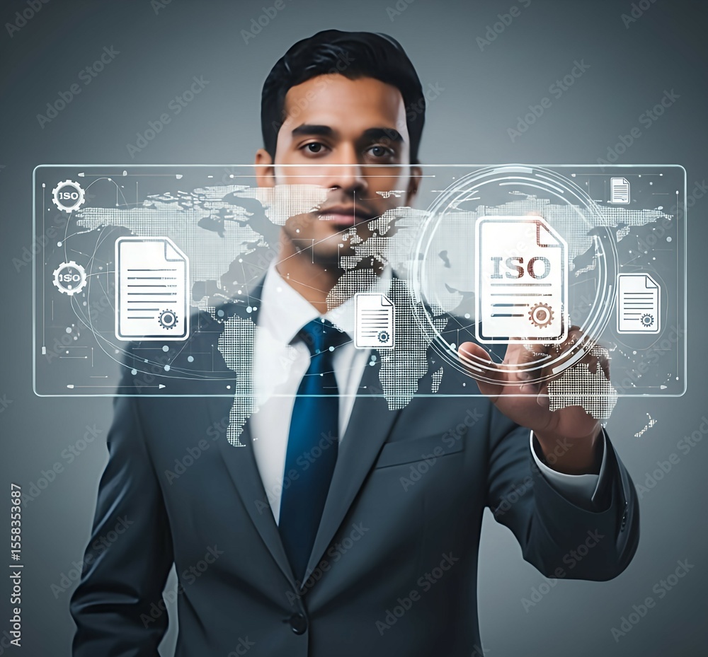 Poster iso certification and quality management concept with businessman touching global interface and docu