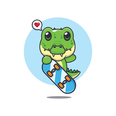 Cute crocodile mascot cartoon character illustration with skateboard