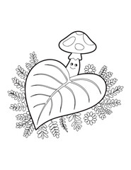 Outline drawing of mushroom on leaf with floral accents