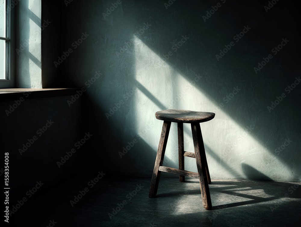 Poster rustic wooden stool with light rays casting shadows in empty room