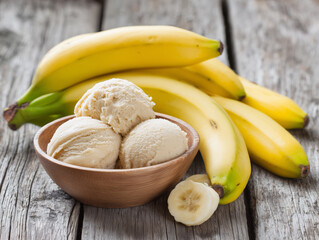 Banana Ice Cream in Wooden Bowl with Fresh Bananas on Rustic Wooden Table