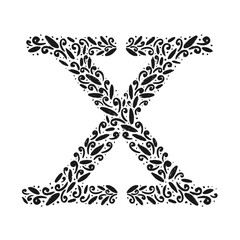 Floral botanical alphabet. Vintage hand drawn monogram letter X. Letter with plants and flowers. Vector lettering isolated on white