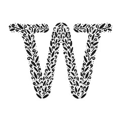 Floral botanical alphabet. Vintage hand drawn monogram letter W. Letter with plants and flowers. Vector lettering isolated on white