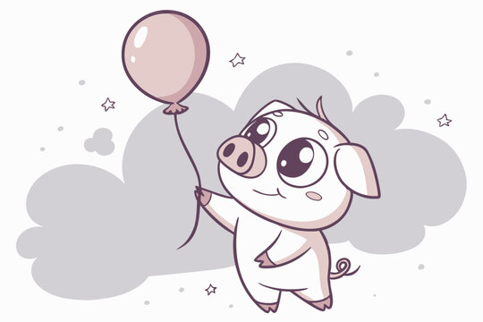 Vector cute Pig cartoon character, holding a balloon, floating gently, dreamy expression, pastel sky background hint, ethereal feel, isolated on white background