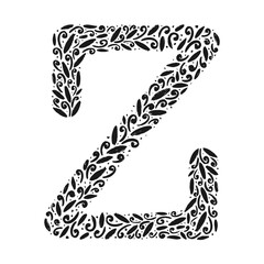 Floral botanical alphabet. Vintage hand drawn monogram letter Z. Letter with plants and flowers. Vector lettering isolated on white	