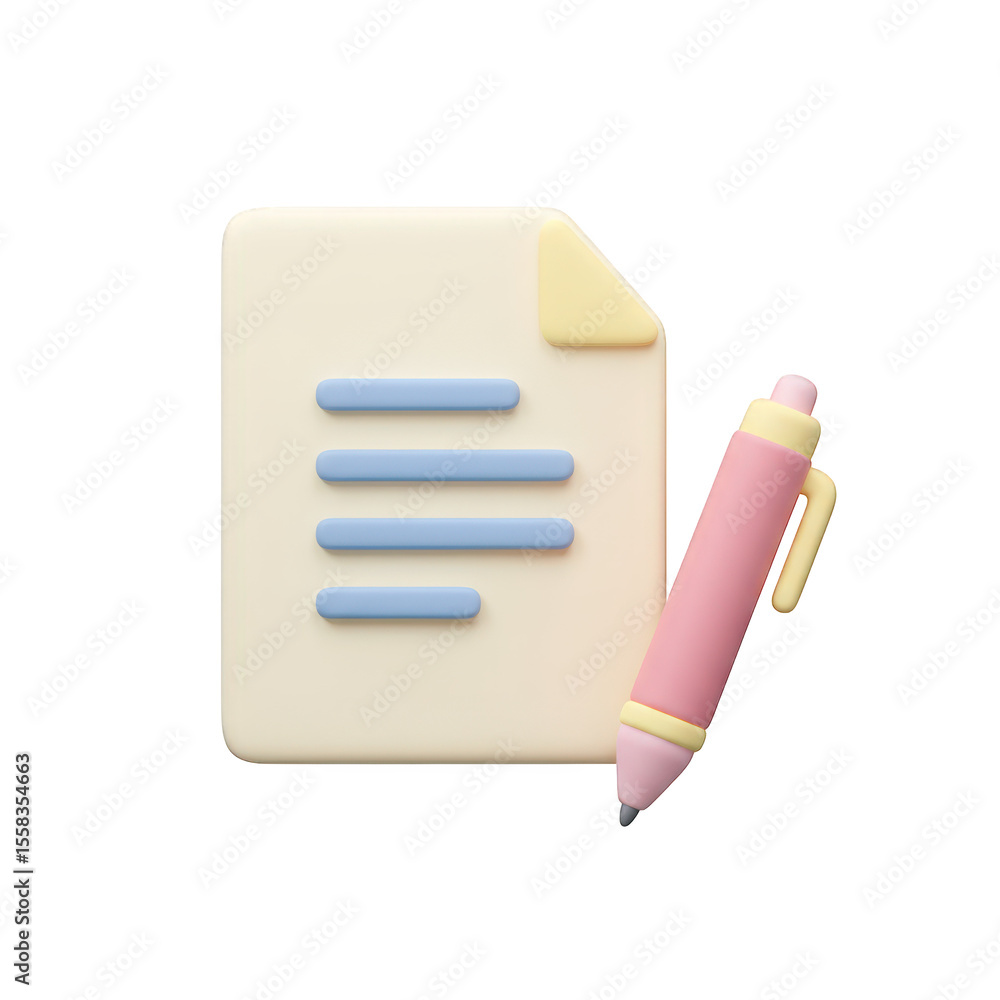 Poster 3d illustration of a document with text and a pen isolated on transparent background