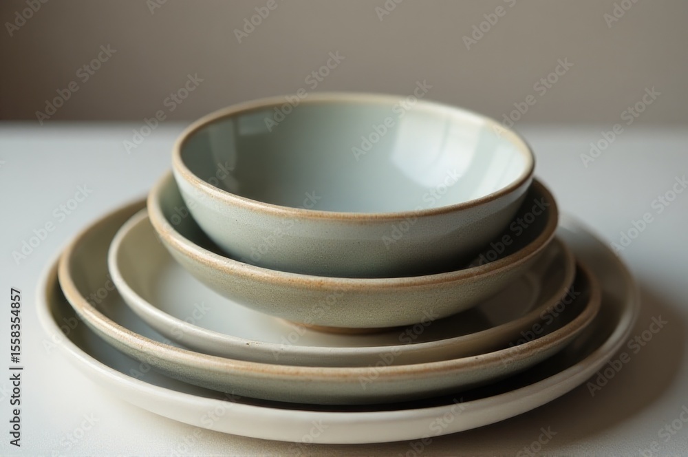 Poster a stack of three bowls and a plate on a table, perfect for serving multiple dishes or as a display