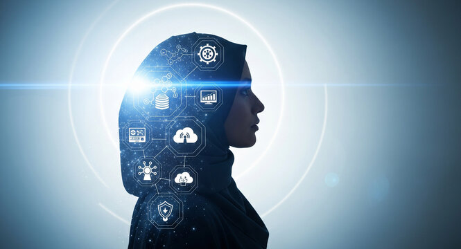 Innovative Muslim Woman in Hijab with Digital Technology Icons – Concept of Ideas and Intelligence