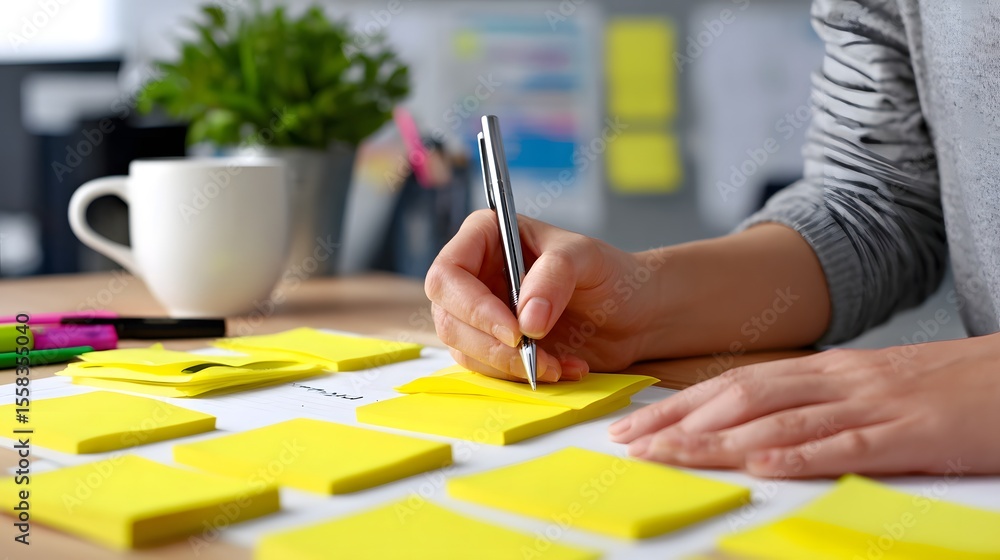 Poster a person writing notes on colorful sticky notes at a desk in an office setting.