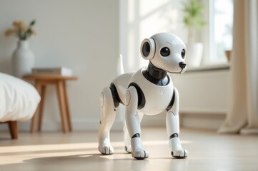Robot dog standing on wooden floor, potential use in sci-fi scenes or futuristic design