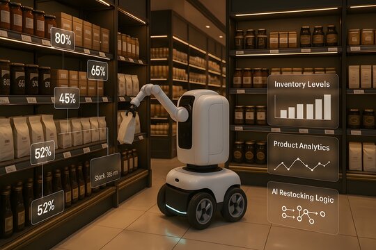 Robot Restocking Grocery Shelves with AR Inventory Overlays in Futuristic Store