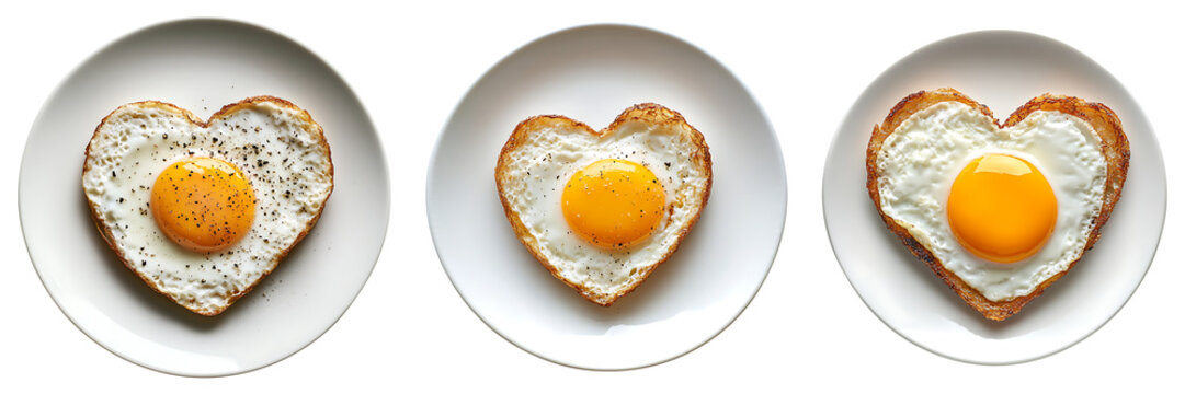 Set of heart-shaped fried eggs on plates isolated on transparent background - Powered by Adobe
