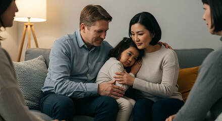 Family therapy session. A family sits in a circle with a therapist