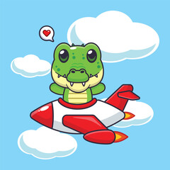 Cute crocodile mascot cartoon character illustration ride on plane jet