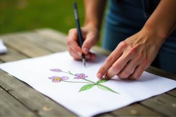 A person creating art with colorful flowers on paper