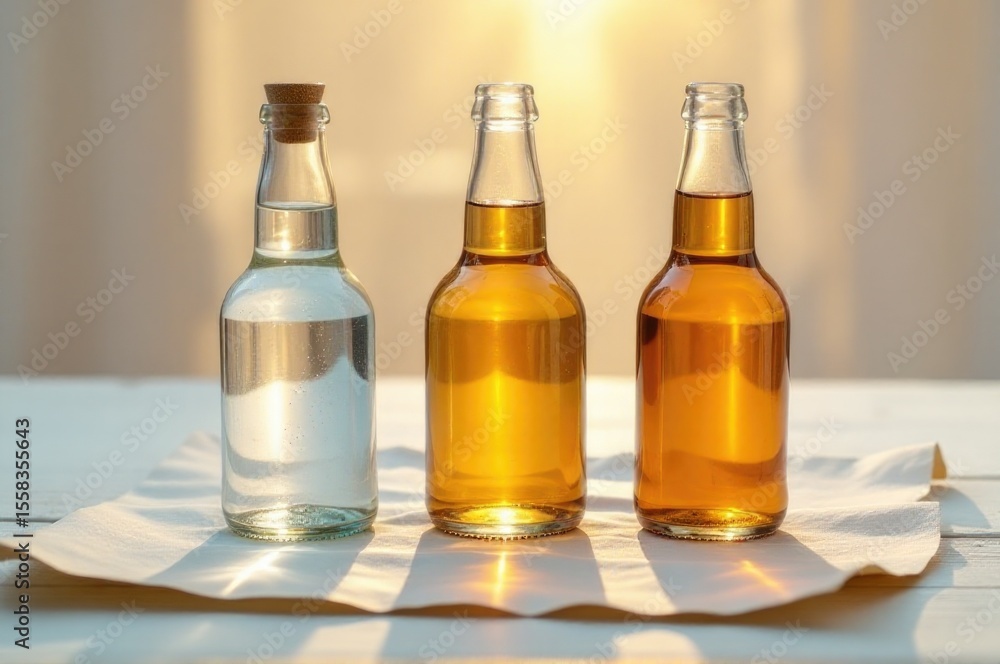 Poster three empty water bottles sitting on a table with a simple background