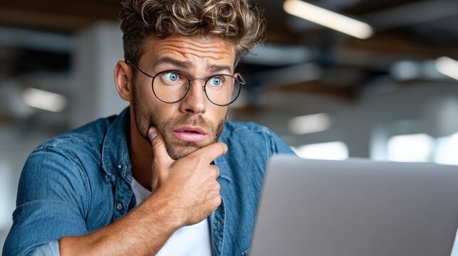 young man with curly hair and glasses is focused on his laptop screen in a sunny office. He appears surprised, with his hand on his chin, suggesting he is processing unexpected information - Powered by Adobe