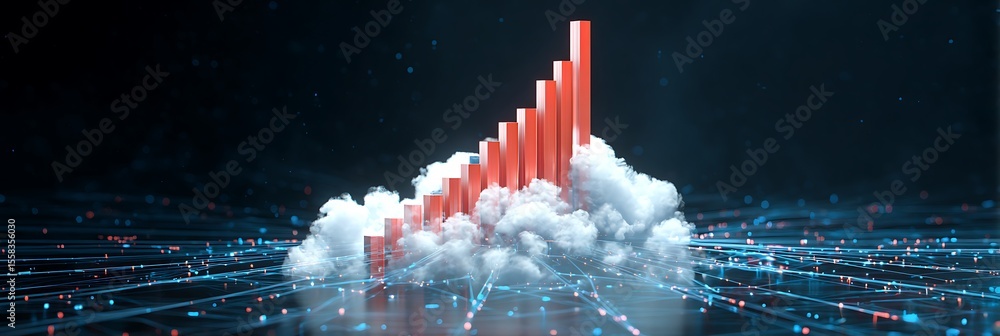 Poster a rising red bar graph emerging from a cloud on a digital grid against a dark background