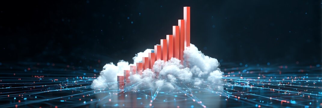 A rising red bar graph emerging from a cloud on a digital grid against a dark background