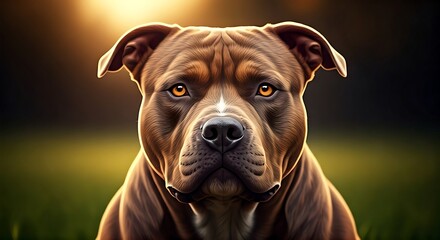 Stunning Close-Up Portrait of a Brown American Staffordshire Terrier Dog with Intense Gaze in Golden Sunset Light