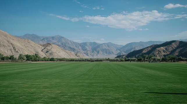 Wide shot of a polo field in a valley