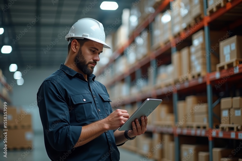 Poster efficient and organized warehouse supervisor utilizing digital technology for inventory management.