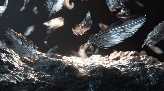 Silver feathers falling onto a dark textured surface with soft light