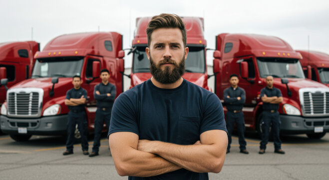 confident truck drivers stand in front of red semi-trucks, displaying teamwork and strength in logistics industry. symbolizing transportation reliability and commercial freight service efficiency