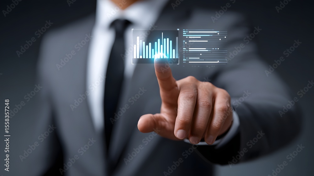 Poster businessman interacting with a futuristic data analytics interface.