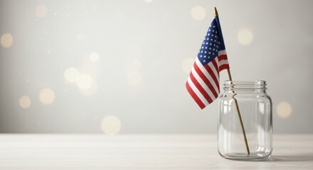 Fototapeta premium american flag in glass jar symbolizing patriotism and celebration. minimalist tabletop setup with blurred festive lights in background depicting freedom and national pride