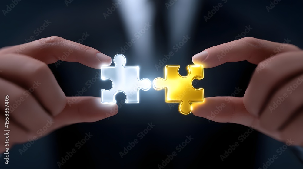 Poster hands connecting puzzle pieces to find a solution.