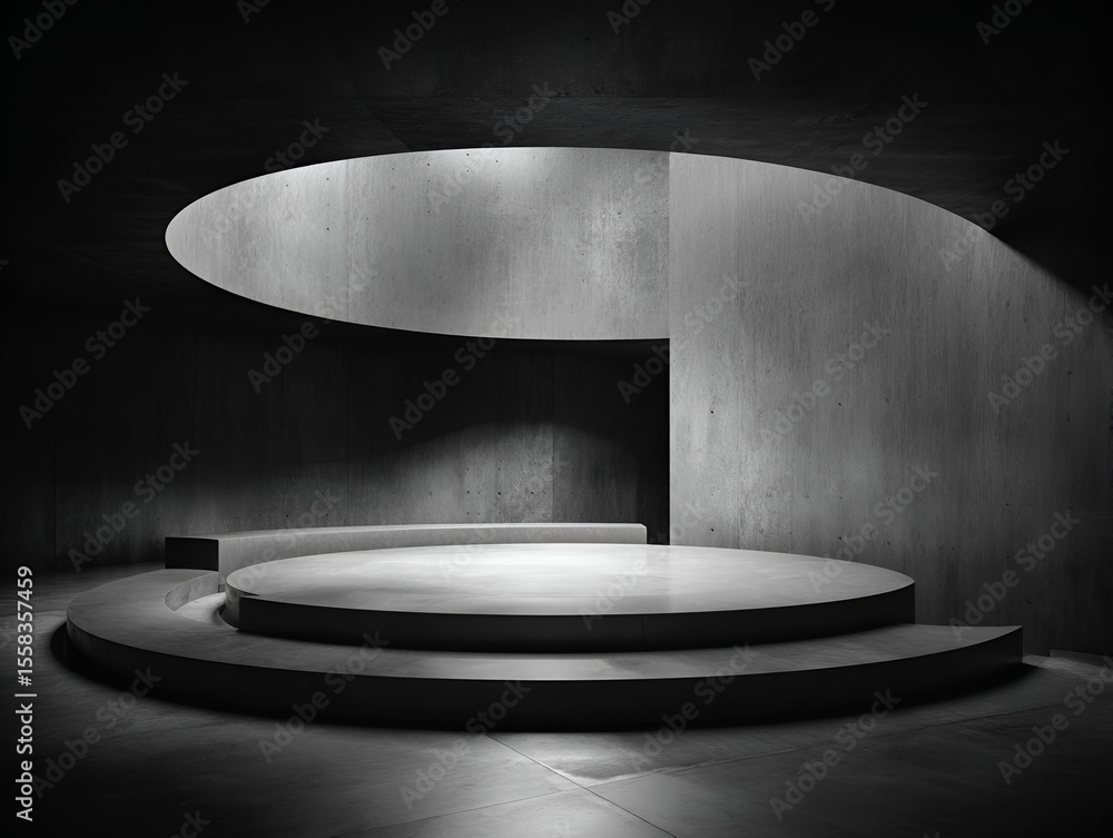 Poster abstract concrete platform architecture in dark room interior design rendering