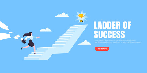 Success career ladder steps path challenge with business goal achievement flag objective on the top of it business concept flat vector illustration. Office person running onto success career steps.
