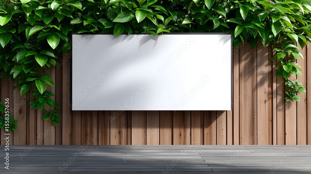 Poster lush greenery and wooden background with a blank frame for display.