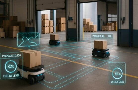 Autonomous Delivery Robots in Warehouse with Digital Overlays Showing Package IDs, Routes, and Battery Levels in Smart Logistics Hub