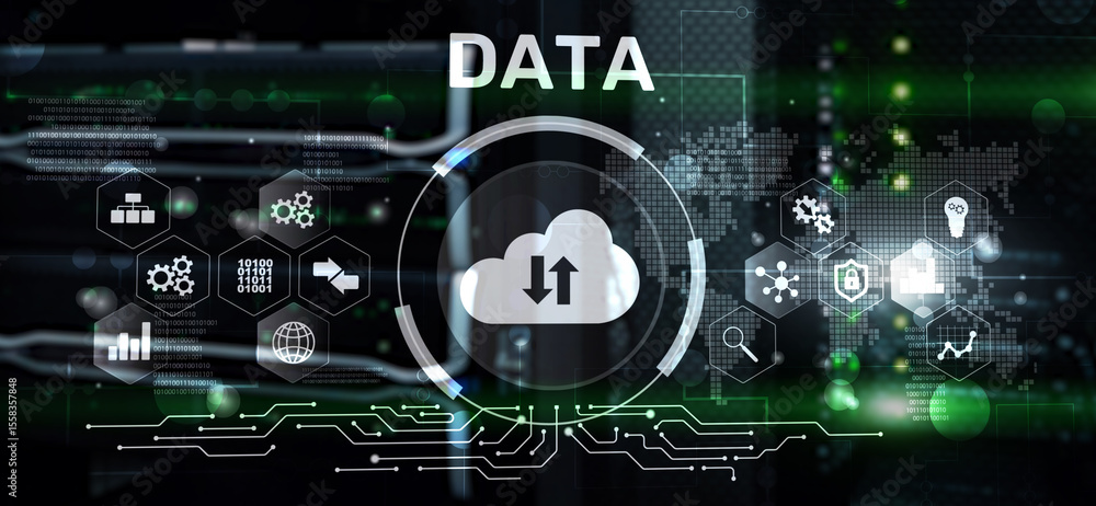 Poster data internet concept. universal background for presentation. blurred server room background
