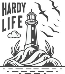 Hardy Life Lighthouse Vector Silhouette with Ocean Waves and Flying Birds in Minimal Nautical Style for Coastal Design, Vintage Posters, Maritime Art Templates