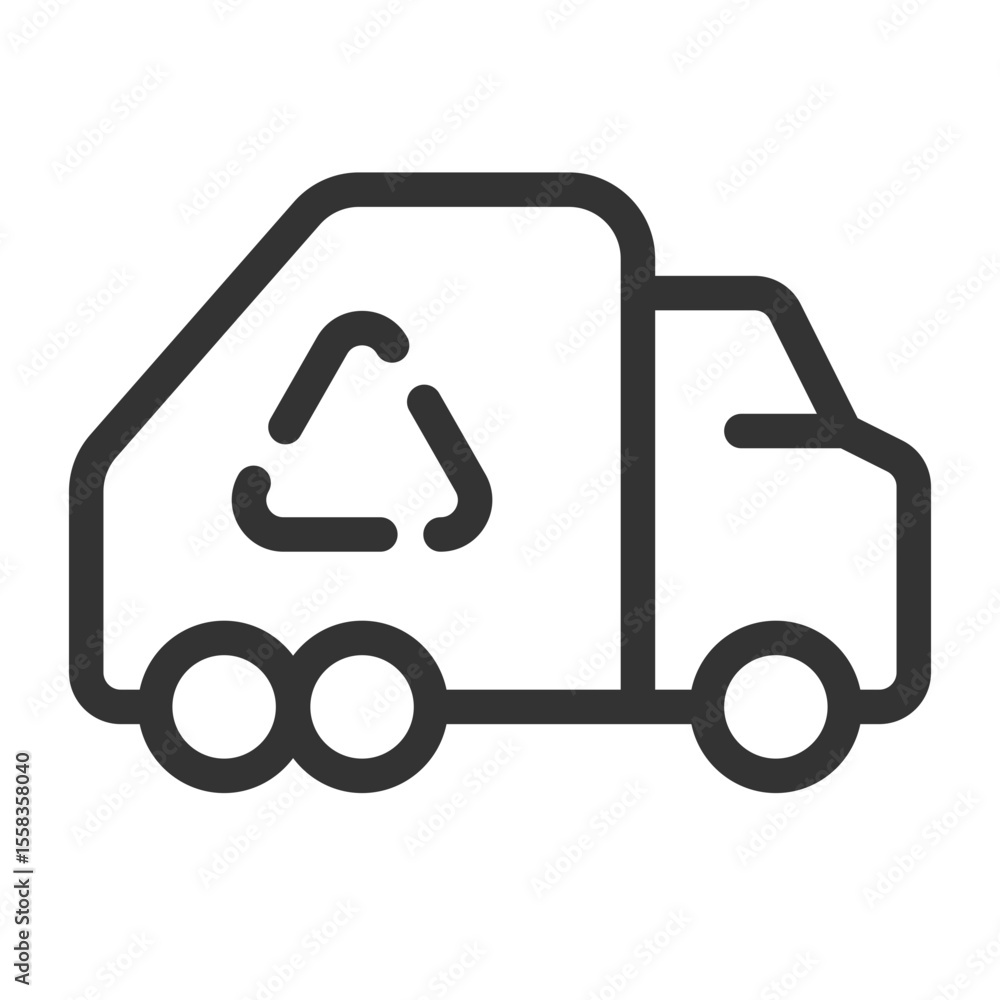 Poster garbage truck line ui icon. dustcart with recycling symbol on trailer. waste management in city area