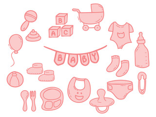 Fototapeta premium Set of icons with Baby Essentials theme. With doodle style. For layout, website, graphic design