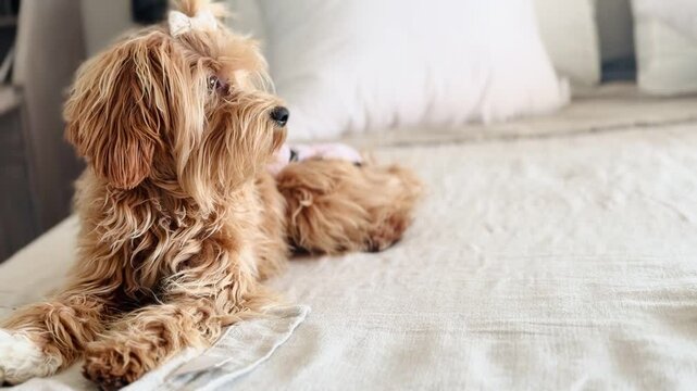 Young Female Puppy in Heat Wearing Dog Diaper Resting on Bed.