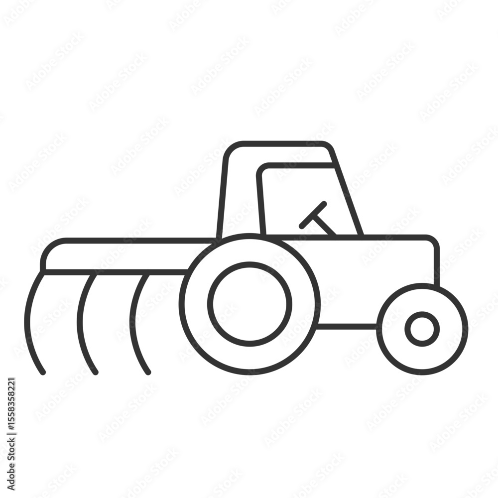 Poster tractor with plow line icon. agricultural machinery working in field. farm plantation processing wit