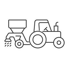 Tractor with seeds drill line icon. Agricultural combine sowing plants in field. Device dragged by tractor. Isolated vector illustration. Outline symbol. Simple linear drawing. Editable stroke