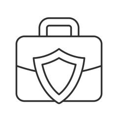 Briefcase with shield line icon. Business papers confidence protection. Corporate information safety service. Isolated vector illustration. Outline symbol. Simple linear drawing. Editable stroke